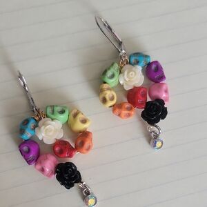 Colorful Skull & Rose Drop Earrings in Multicolor